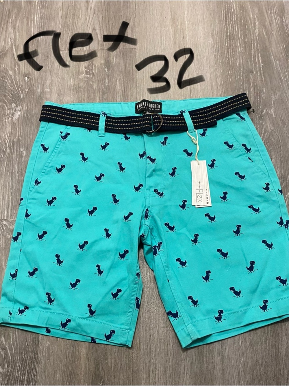 Men's Teal Cargo Shorts with Navy Dino Print and Belt